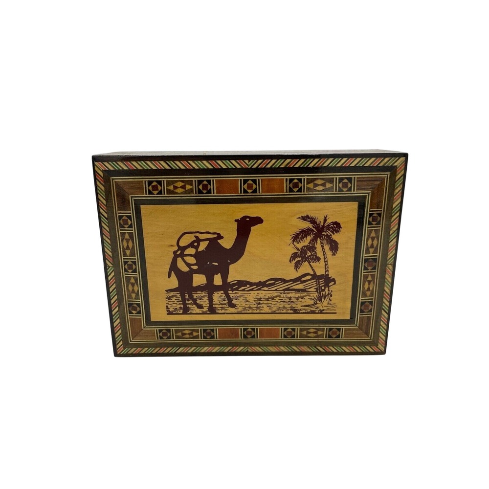 Vintage‎ Trinket Box Wood Inlay Camel Palm Tree Desert Decor Storage